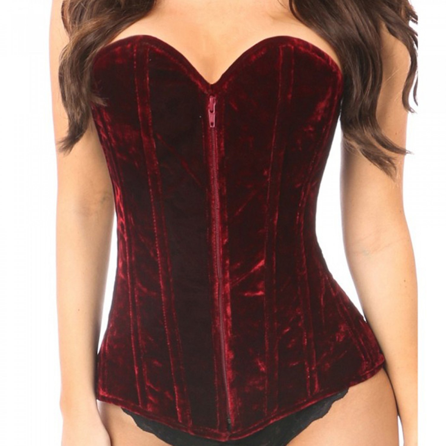 Crushed Velvet Overbust Corset in Deep Red main image 1